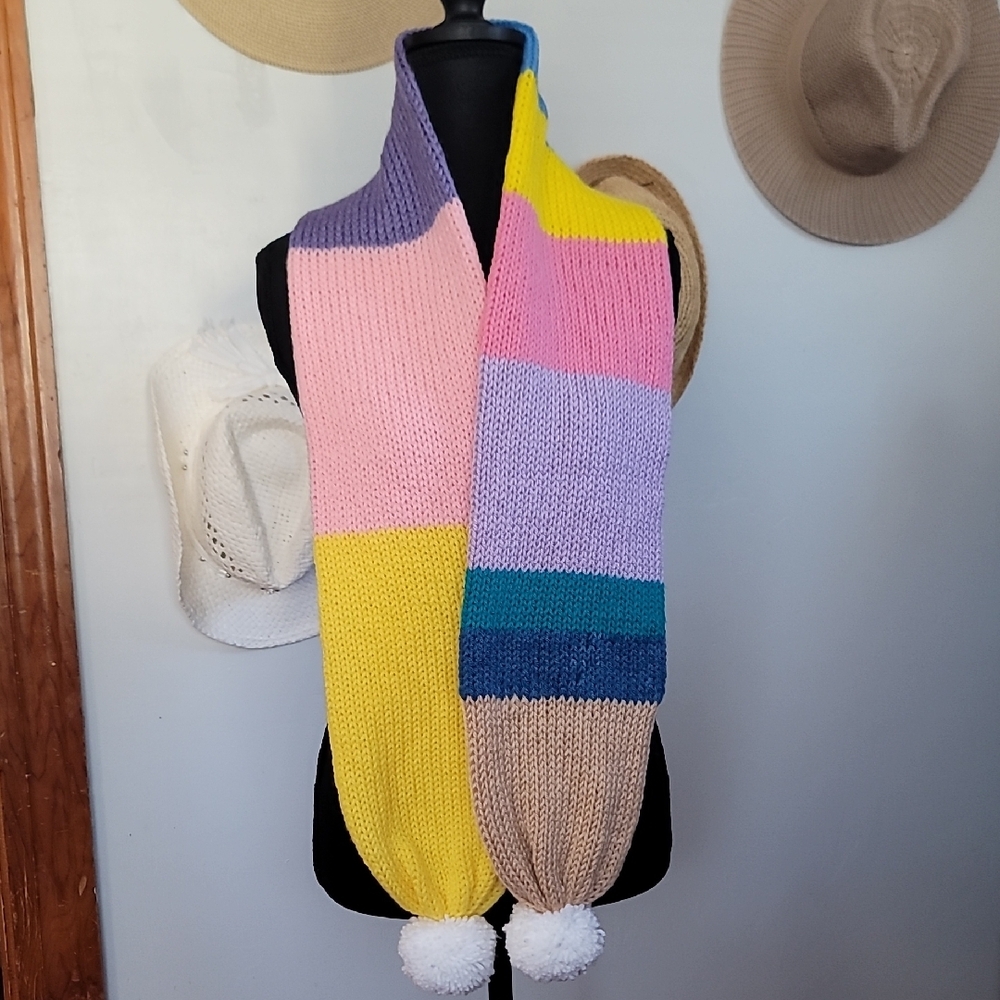 Multicolor Knit Scrap Yarn Scarf with Pom Poms - Picture 1 of 5